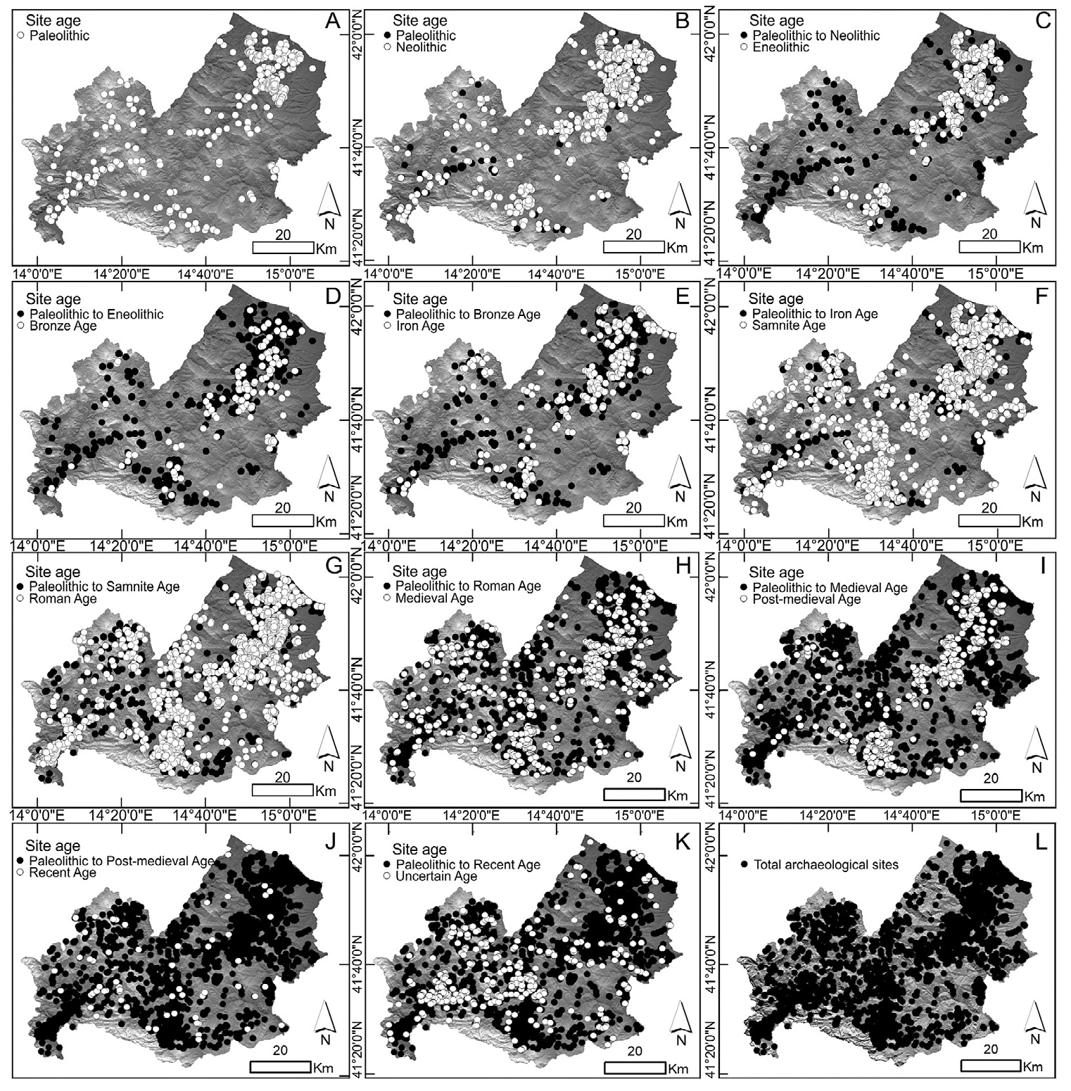 Fig. 7 – Chronological distribution of the archaeological sites in the Molise Region. White dots indicates archaeological sites of a precise age whereas black dots indicate archaeological sites older than the considered age.