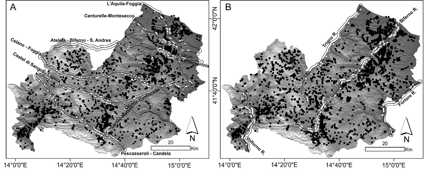 Fig. 10 – a) White dots indicate archaeological sites located within 1000 m from the “tratturi” (black, continuous line); b) White dots indicate archaeological sites located within 1000 m from the main rivers. In both figures, black dots indicate archaeological sites far more than 1000 m from the applied buffers.