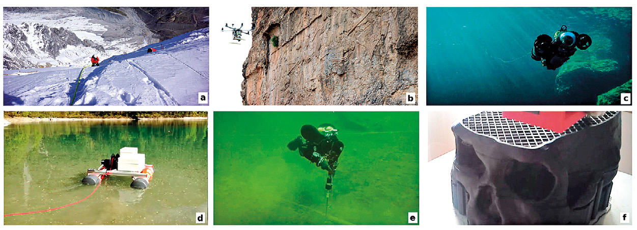 Fig. 1 – A) Missione di archeologia glaciale; B) Modello di ArcheoDrone 4.0 durante la documentazione di bassorilievi sassanidi in Iran; C) Modello di ArcheoROV 2.0; D) Prototipo di ArcheoBoat 0.1; E) Trapanazione subacquea mediante riduttore epicicloidale; F) Stampa di cranio di homo georgicus tramite stampante Fa)(a3D.