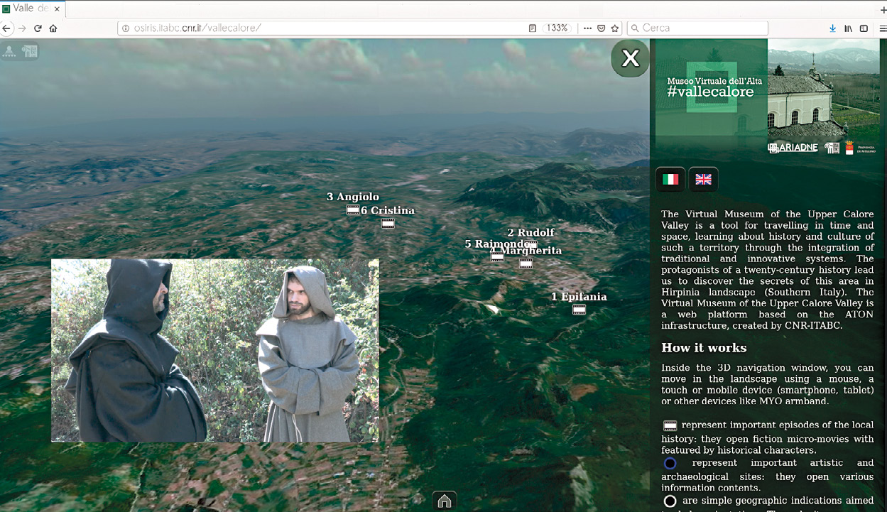 Fig. 1 – Un’immagine del sito web con il territorio navigabile e una scena di uno dei video di storytelling.