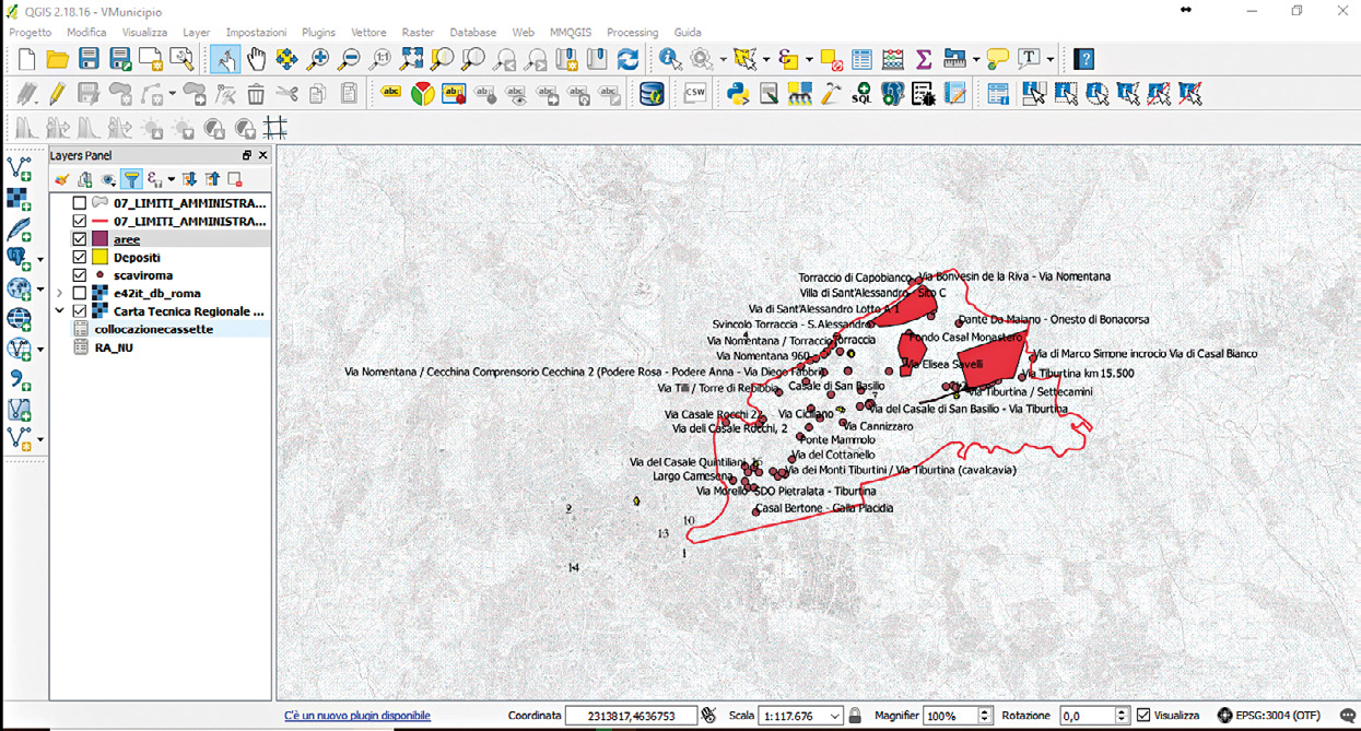 Fig. 1 – Interfaccia grafico del geodatabase e distribuzione dell’areale di interesse della ricerca.