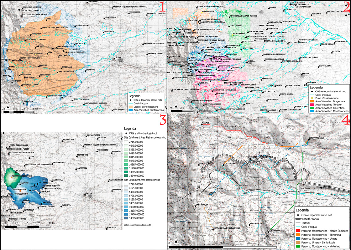 Fig. 1 – 1) Confini della diocesi di Montecorvino (da Vendola 1939) sovrapposti ad analisi viewshed singole; 2) Analisi viewshed combinata per i siti di Montecorvino, Tertiveri, Fiorentino, Dragonara; 3) Aree di site catchment per i siti di Montecorvino e Pietramontecorvino; 4) Least cost paths elaborati tra Montecorvino ed i suoi casali in età svevo-angioina.