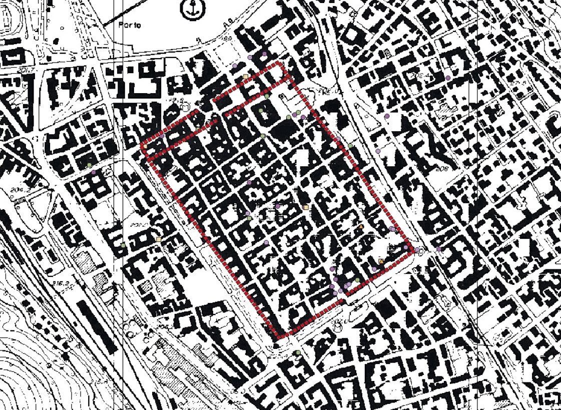 Fig. 1 – Carta Tecnica Regionale di Como; sono riconoscibili i layer relativi al tracciato ricostruito delle mura romane e alla documentazione epigrafica ed archeologica (S. Gazzoli).