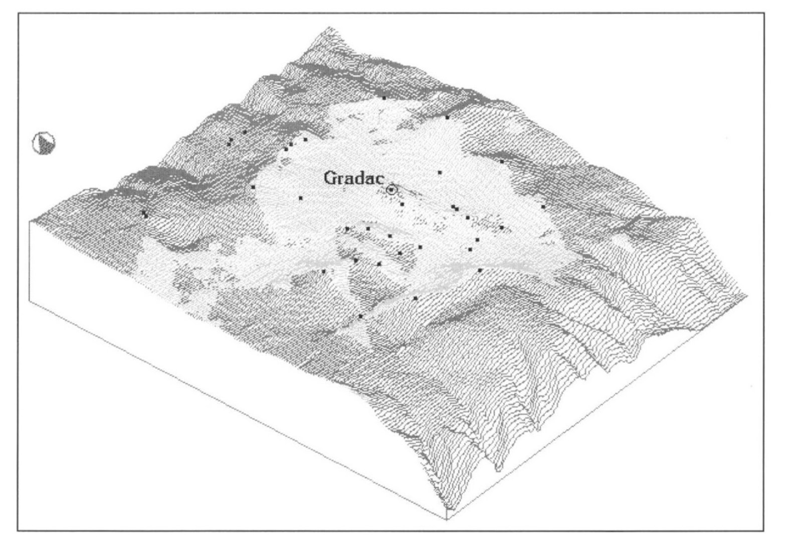 Fig. 8 – Surface visible from Gradac hillfort, Gradac 30minutes catchment and barrows locations.