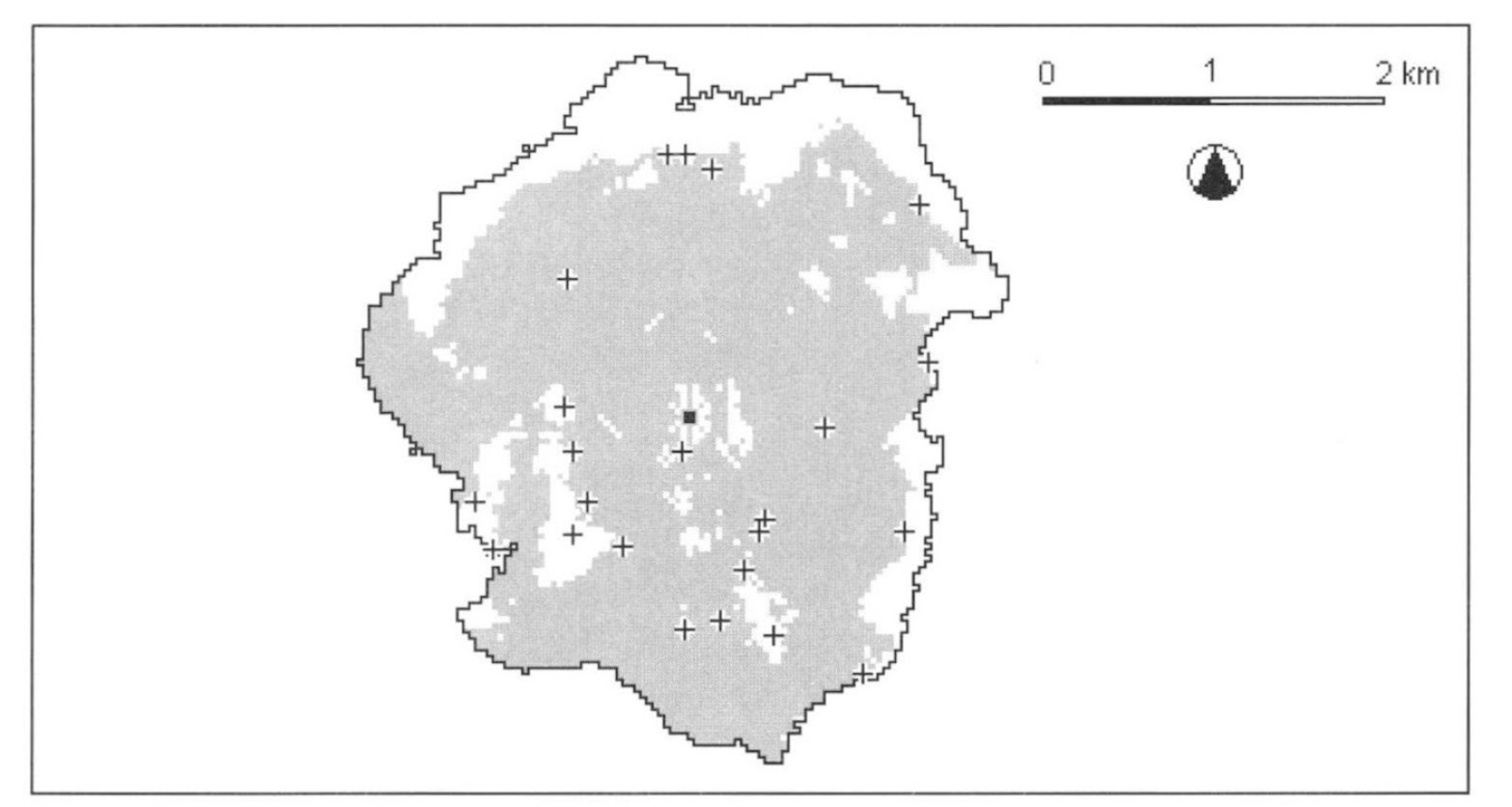 Fig. 9 – Perspective view on thelandscape under study.Lighter grey colour presents the surface visible from the Gradac hillfort. Black dots are barrows.