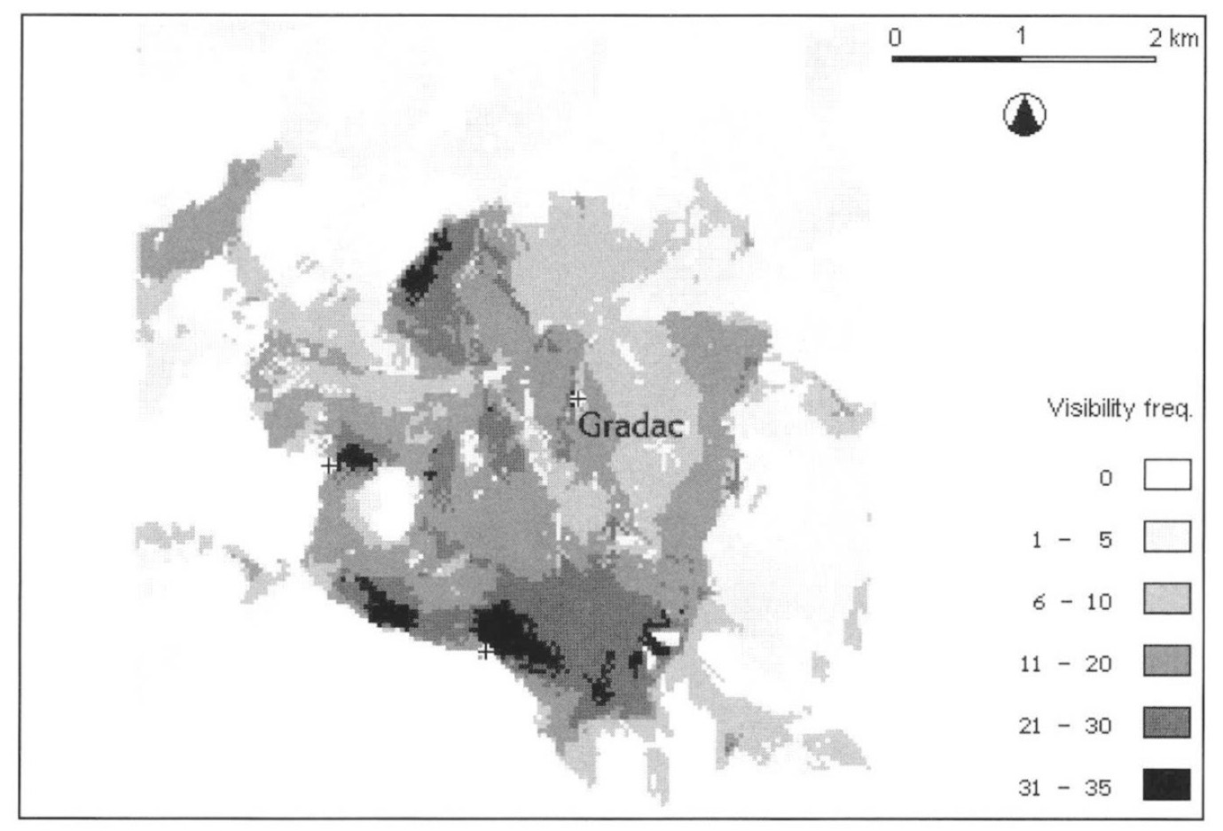 Fig. 10 – Cumulative viewshed from all barrows within Gradac catchment.