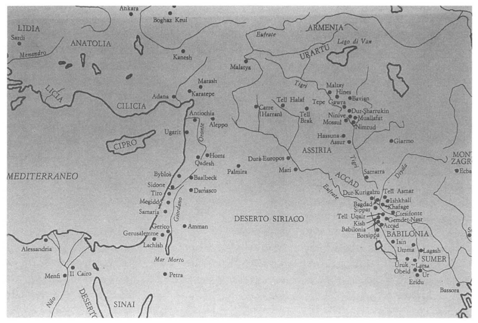 Fig. 1 – Localizzazione geografica dei principali centri antichi del Vicino Oriente.