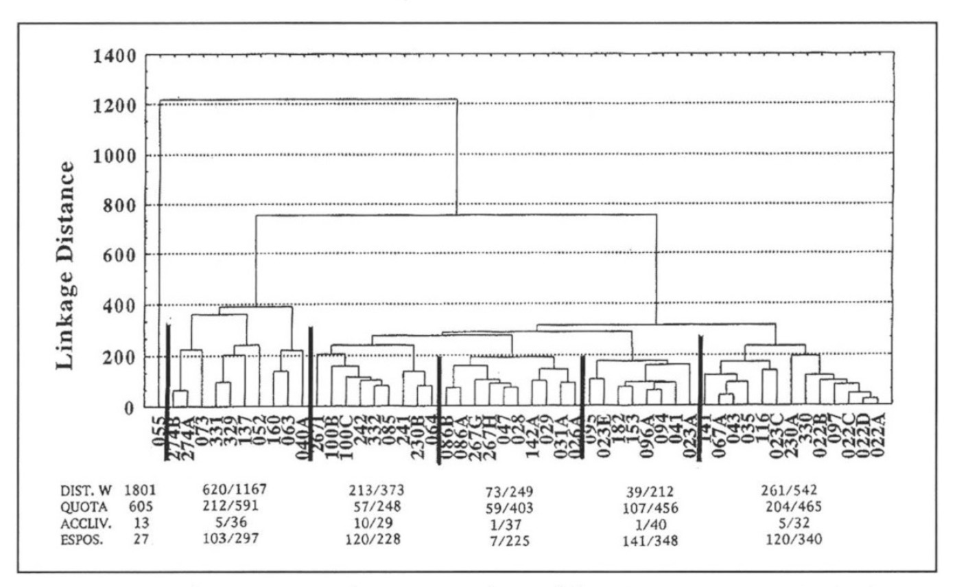 Fig. 9 - Dendrogramma che mostra la suddivisione in gruppi risultante dall’applicazione della cluster analisi ai tre parametri morfometrici e alla distanza dalla fonte idrica più vicina.
