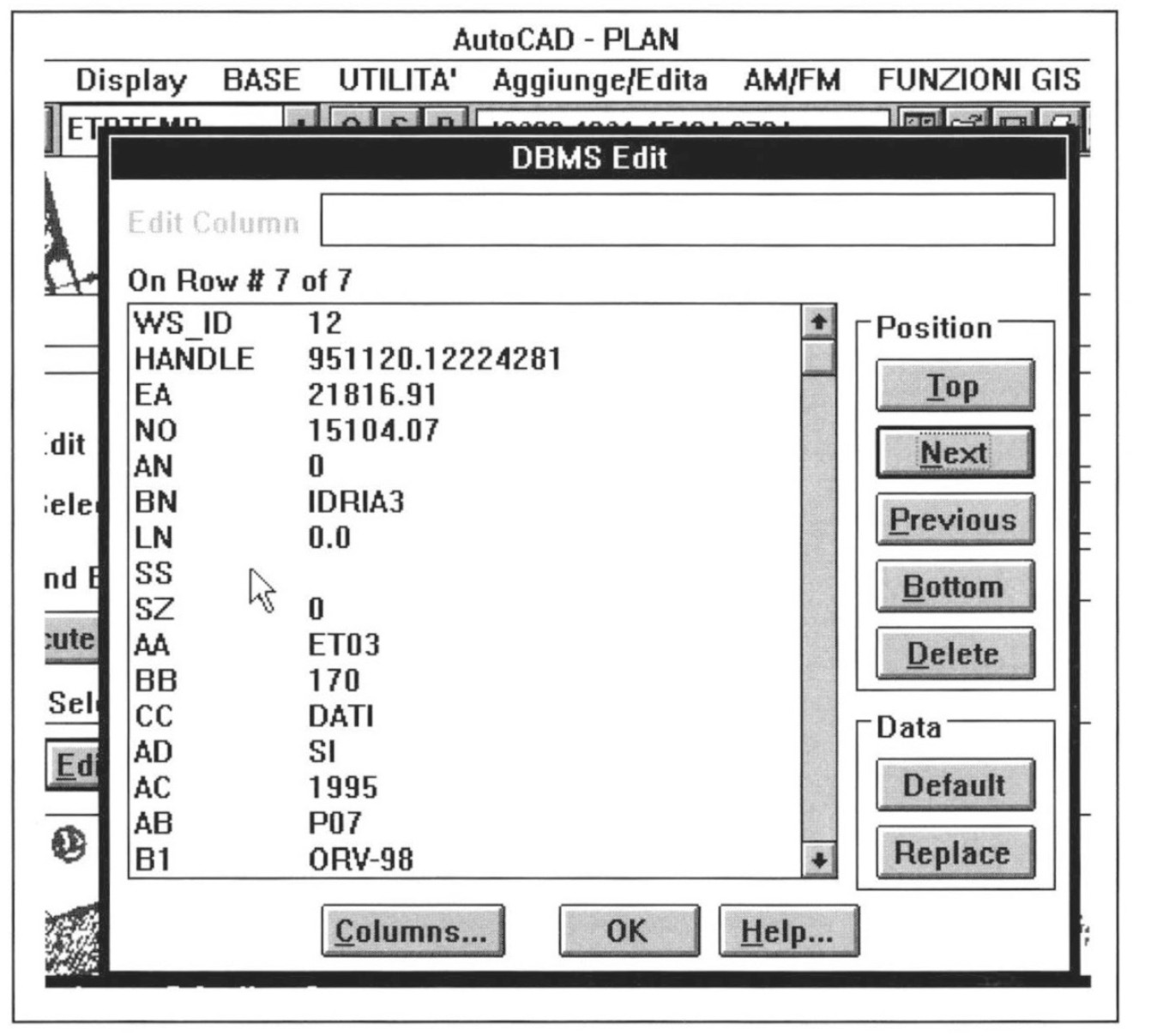 Fig. 3 – DBMS, Data Base Management System: editing di un record collegato al disegno.