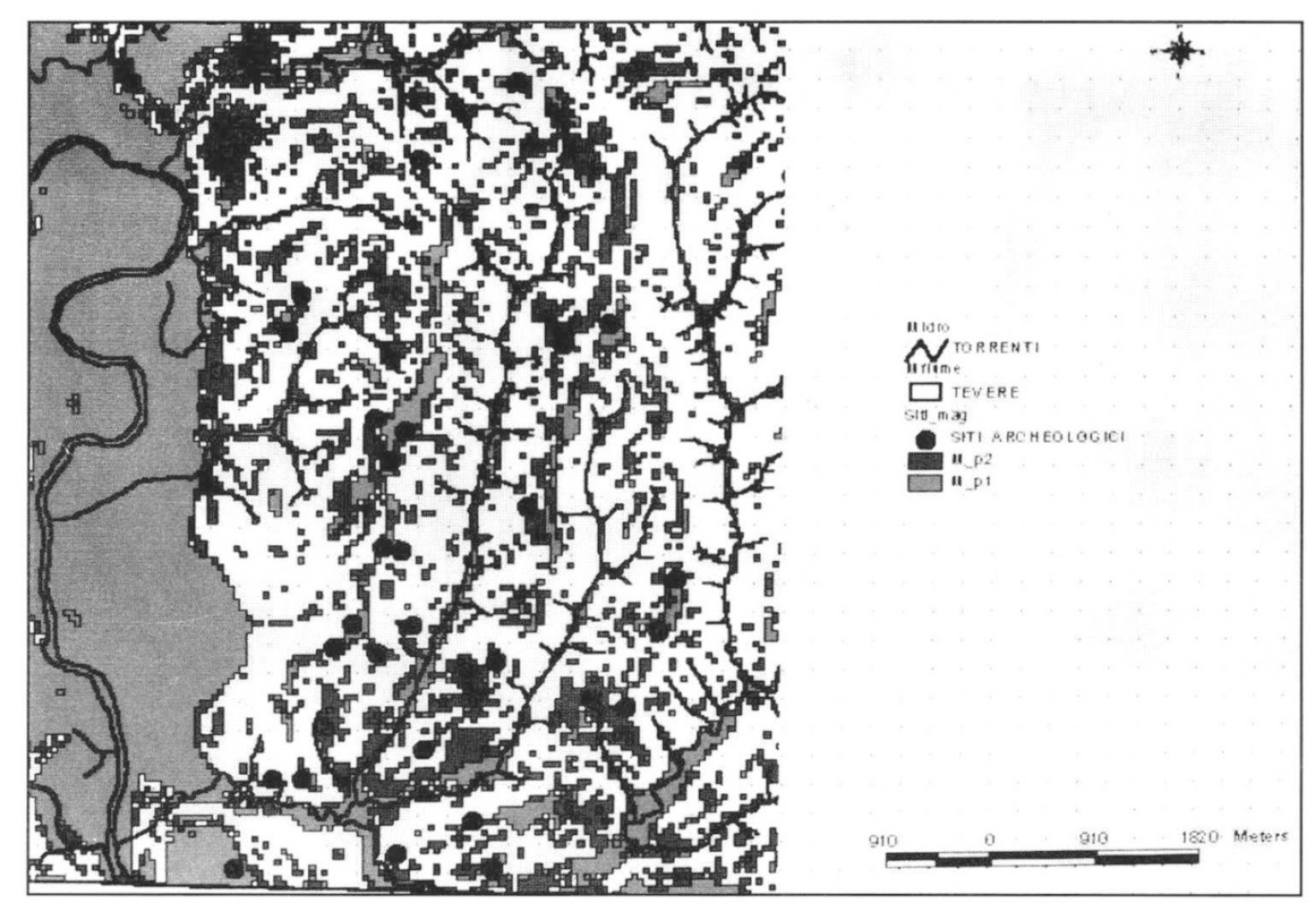 Fig. 5 – Rappresentazione a sovrapposizione tematica tra il diagramma delle esposizioni deiversanti, Pc_e45° (esposizione est), Pc_o45° (esposizione ovest), derivato dalla ricostruzione D.T.M. con l’idrografia principale e la localizzazione dei siti archeologici per la zona di Eretum.