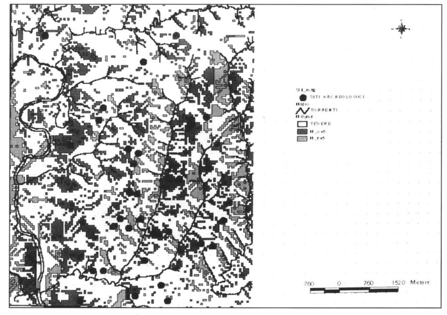 Fig. 6 – Rappresentazione a sovrapposizione tematica tra il diagramma delle esposizioni dei versanti, M_e45° ( esposizione est), M_o45° (esposizione ovest), derivato dalla ricostruzione D.T.M. con l’idrografia principale e la localizzazione dei siti archeologici per la zona di Magliano Sabina.