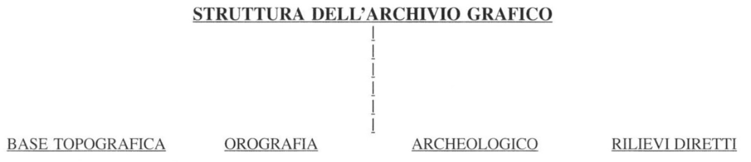 Fig. 9 – Nora, restituzione aerofotogrammetrica. Particolare del centro urbano, in cui compaiono tutti e tre i livelli di dati in cui è strutturato l’archivio.