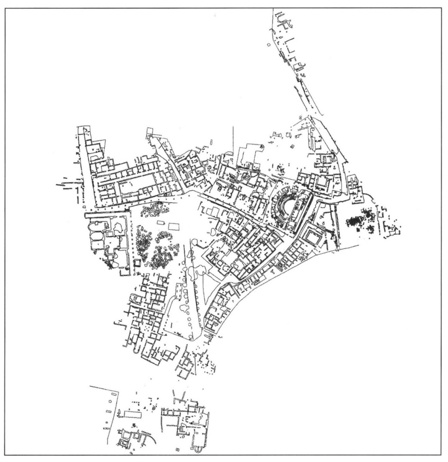 Fig. 10 –Nora, restituzione aerofotogrammetrica. Particolare del centro urbano, in cui compaiono solo i dati del livello archeologico.