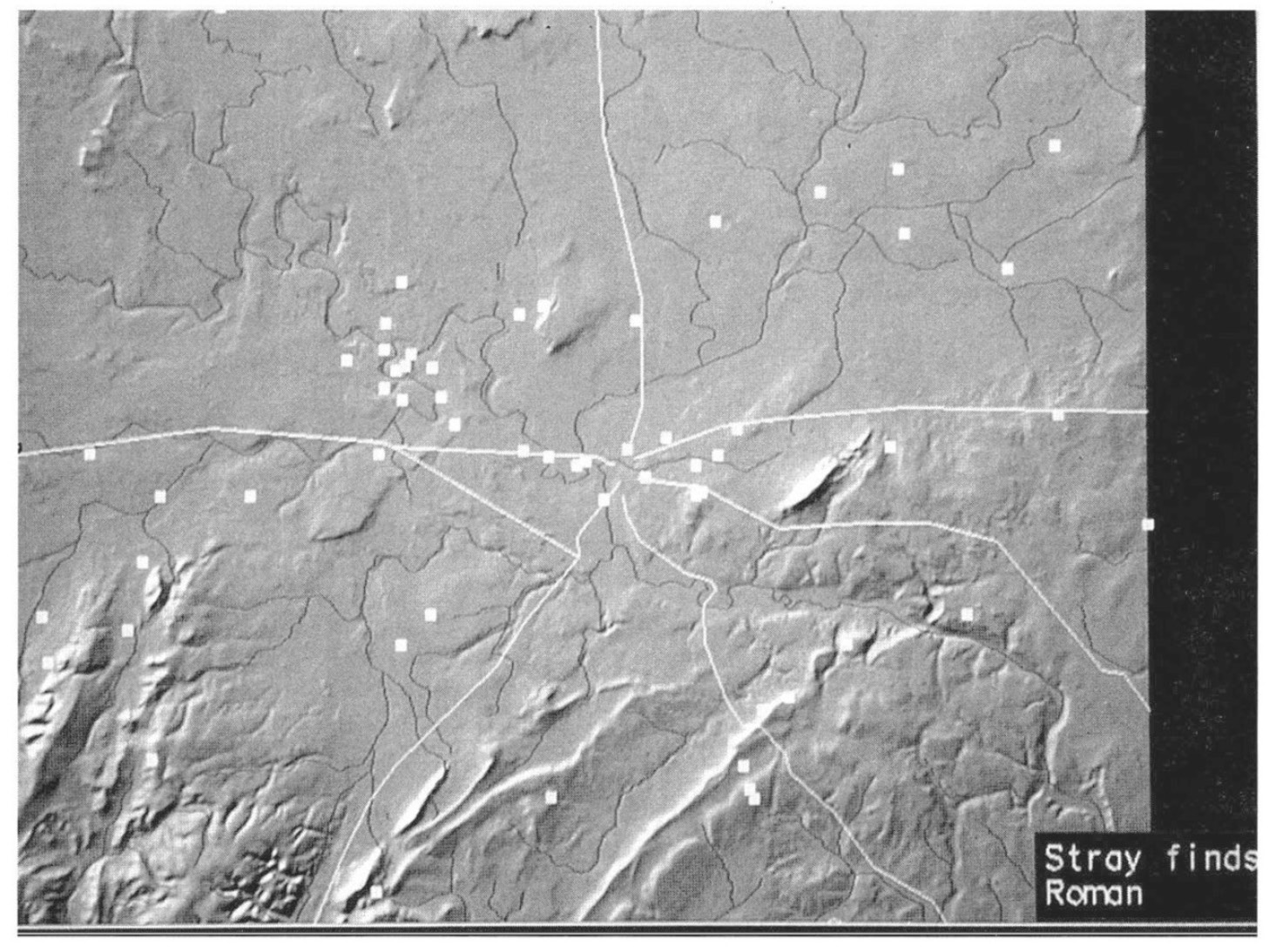 Fig. 1 – Distribution of ‘stray finds’ from the Roman period (source: Shropshire Sites & Monuments Records) against a background of the presumed contemporary infrastructure – roads and rivers.