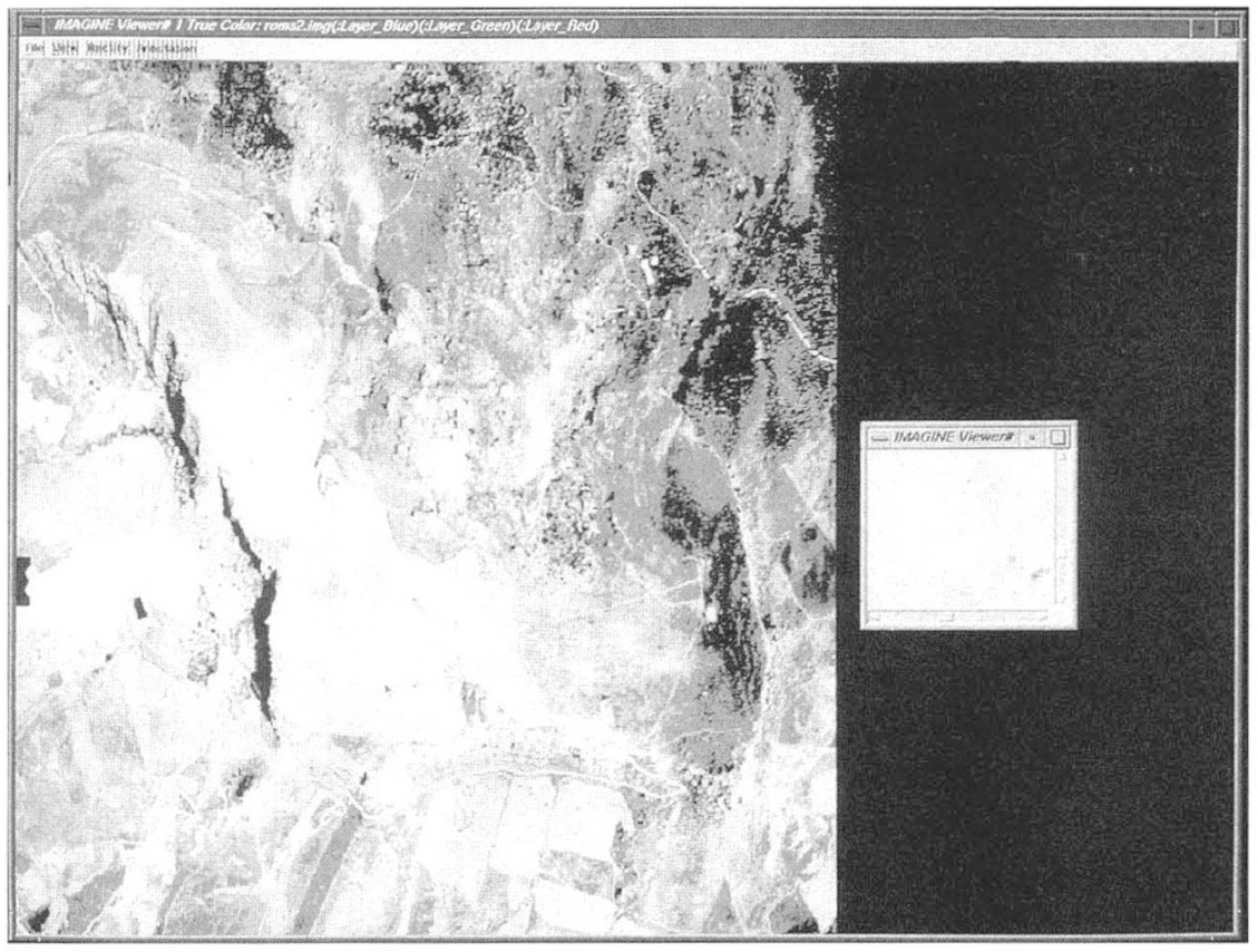 Fig. 2 – Classificazione digitale della foto aerea: le aree indicate corrispondono nella risposta digitale astrutture archeologiche presumibili. Al centro, nel riquadro, si evidenzia l’area classificata digitalmente rappresentata da marcate lineazioni, probabilmente riferibili ad edifici a pianta ortogonale.