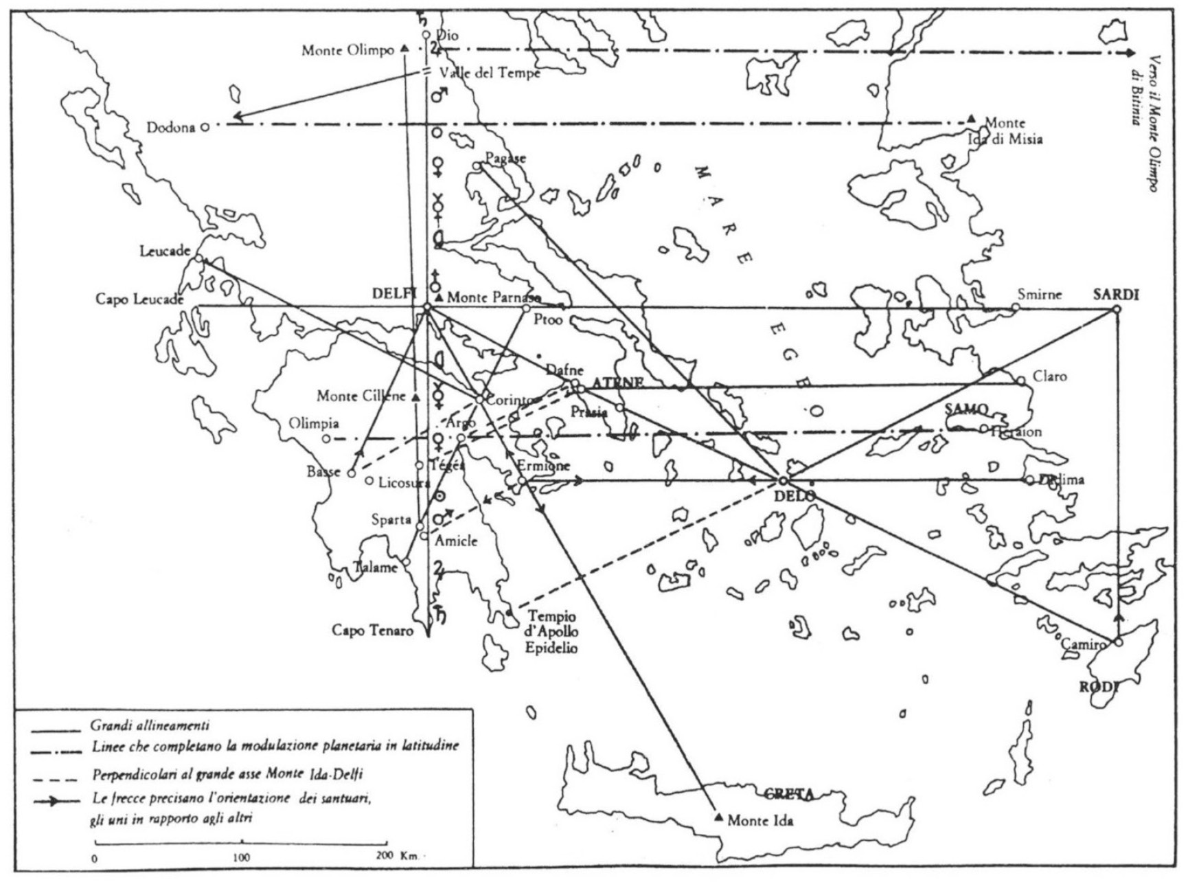 Fig. 2 – “The great alignments” (from Richer 1989, see text). The two lines across Delos and Sardes, respectively, are two parallels almost exactly at ~1 mutual latitudinal difference, with an error of ± ~0.05, equivalent to an linear distance on Earth’s surface of ±5 km (standard deviation). This cannot be a matter ofchance. They could actually afford ingetting such a precision by means of wooden palls erected on flat platforms (see text).