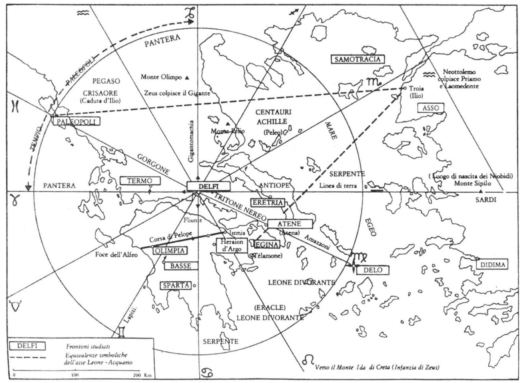 Fig. 3 – “The sculptured pediments and the zodiacal geography”, or the omphalos system centred at Delphi (from Richer 1989, see text).