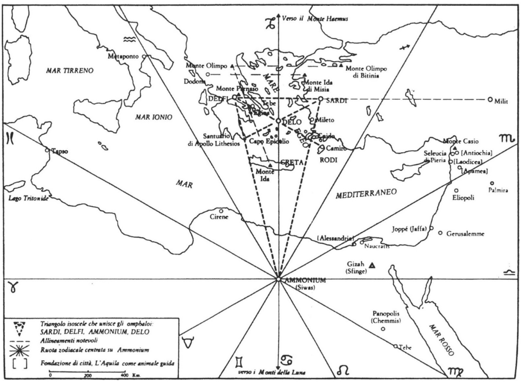 Fig. 4 – “System centred at Ammonium” (from Richer 1989, see text). Four omphaloi are envisaged by Richer (ibidem), centred, respectively, at Sardes, Delos, Delphi, and Ammonium. Sardes, Delos and Delphi arelocated on the vertices ofanisosceles triangle. Similarly, also Sardes, Delphi and Ammonium are the vertices of another isosceles triangle. While it is reasonably easy toconceive how they afforded ingetting theneeded triangulations forthefirst such triangle (by means ofline-of-sight measurements and fires duringclear nights), itappears amystery how they afforded in measuring the relative longitude of Delos and Ammonium. See text.