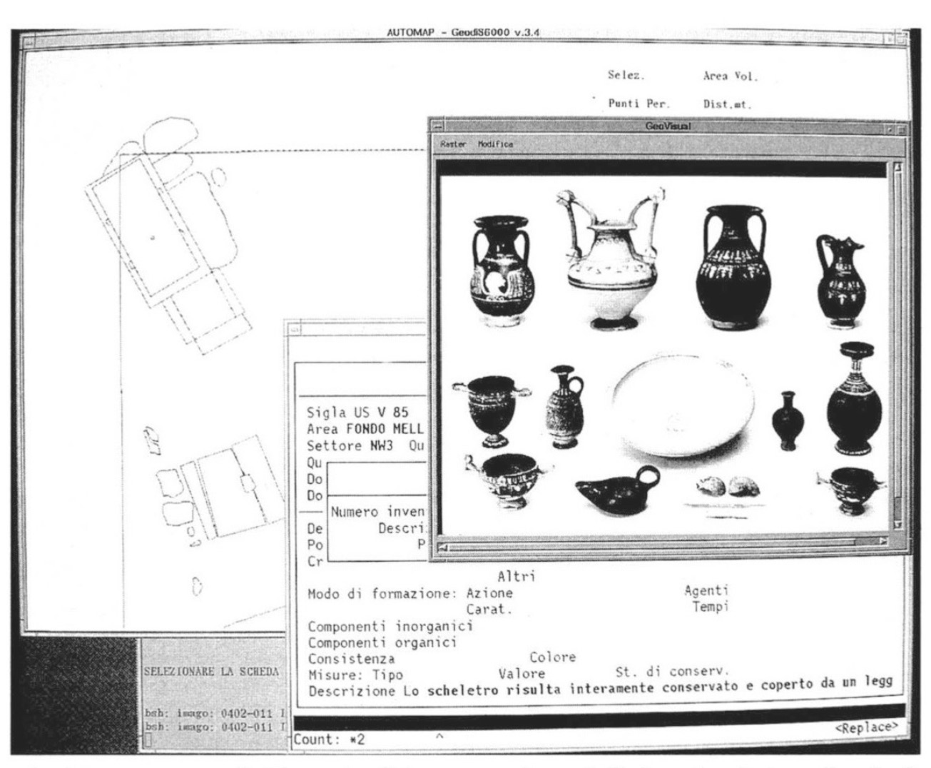 Fig. 2 – Vaste, necropoli. Esempio di interrogazione delle banche dati grafica (sullo sfondo), alfanumerica (scheda US) e immagini.