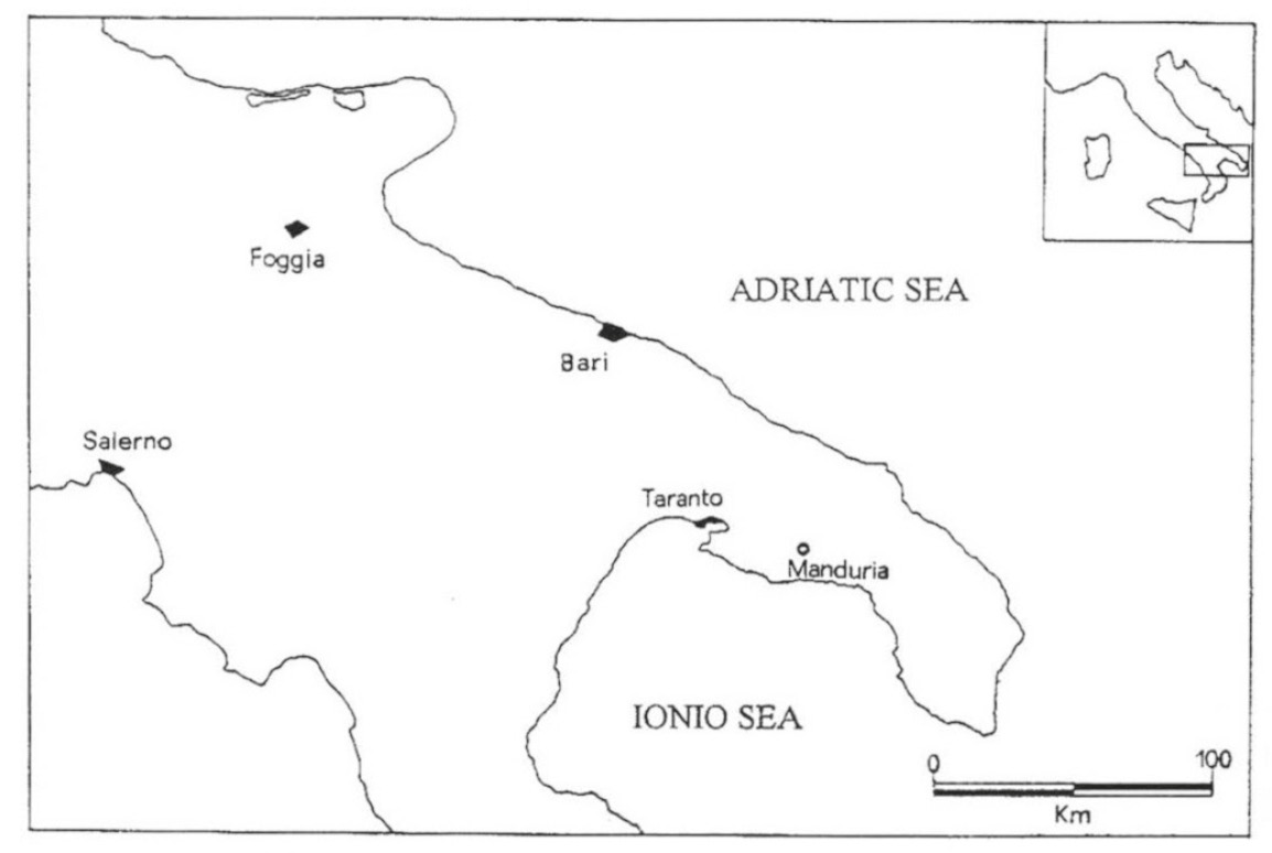 Fig. 1 – Localizzazione dell’insediamento preistorico di Manduria (Taranto).