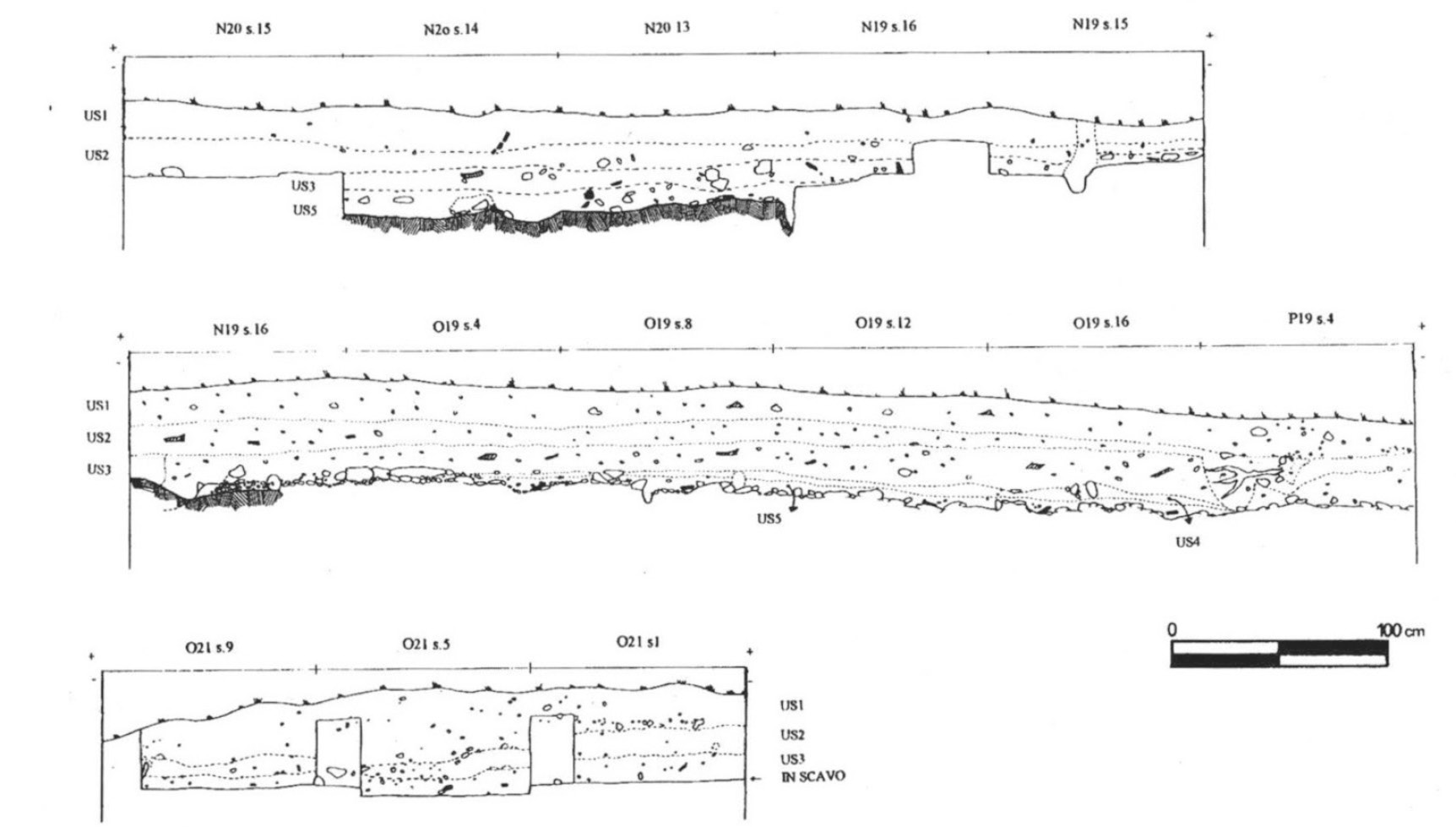 Fig. 3 – Sezioni stratigrafiche “generali” dello scavo estensivo 1988-1991 a Terragne (da di Lernia, Fiorentino1995).