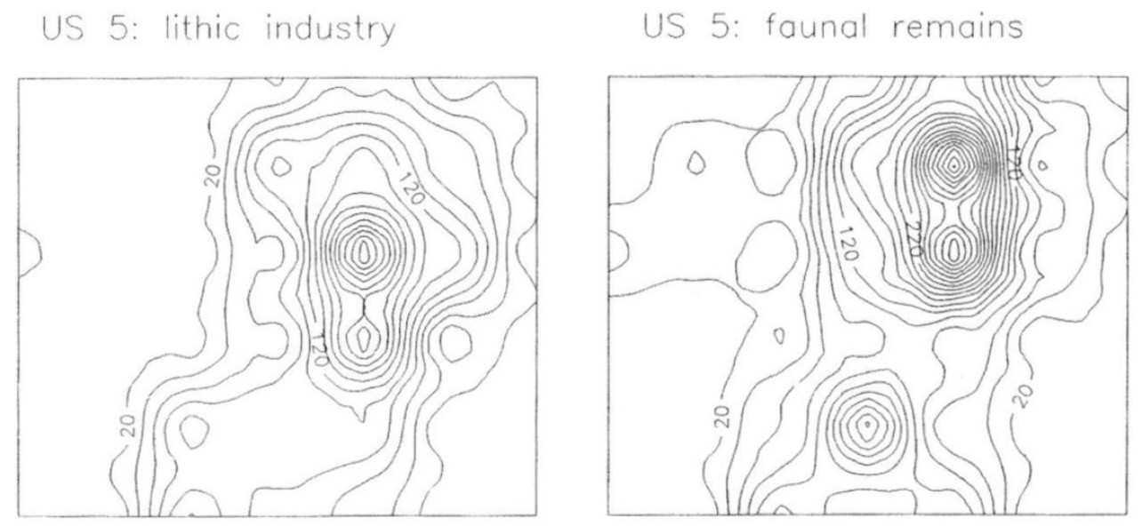 Fig. 9 – Piante di distribuzione delle evidenze archeologiche “smussate” (frequenze assolute) del livello Inferiore Mesolitico – US 5.