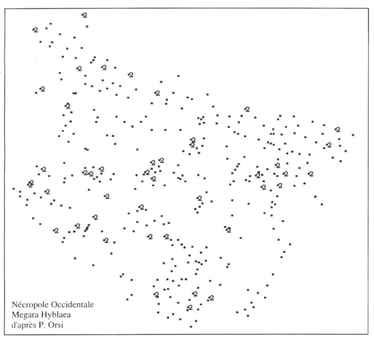 Fig. 9 – Analyse des Correspondances du mobilier funéraire. Situation topographique des tombes dont lemobilier appartient au Groupe 2 (Fig. 7) f1/f2 (+-).