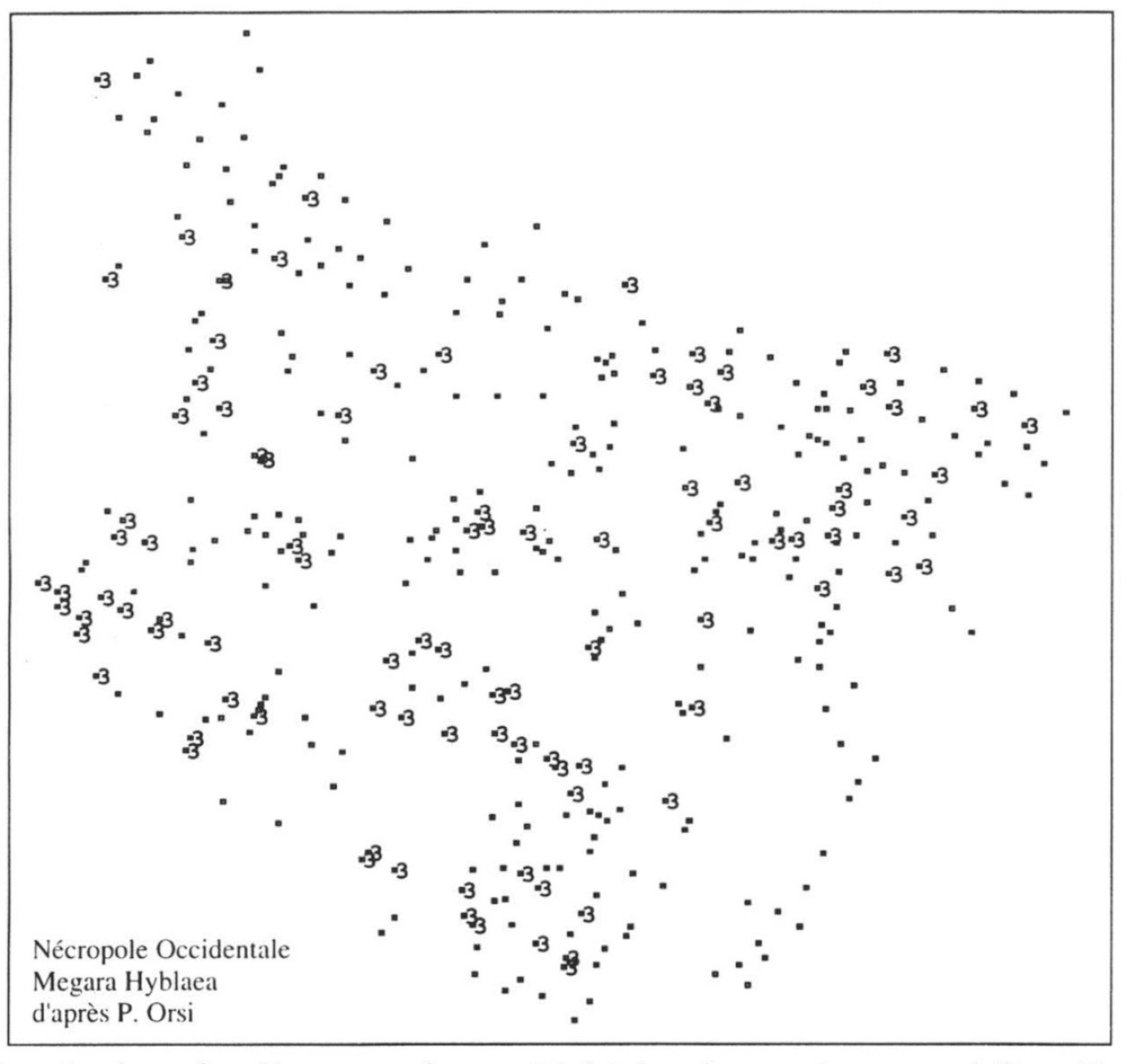 Fig. 10 – Analyse des Correspondances Multiples des tombes +mobilier.Situation topographique destombes appartenant au Groupe 3 (Fig. 8) (f1 de -0,5 à 2,5, f2 de 0 à 1,75).