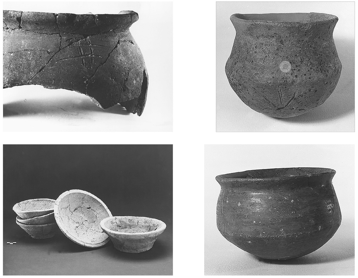 Fig. 3 – Esempi di manifatture ceramiche del Tardo Calcolitico (fase VII): A) “pentola” con marchio di vasaio (in sigla c, ct, ecc.); B) bicchiere carenato, impasto brunito e lucidato, con marchio di vasaio (in sigla rib, aib); C) ciotole “di massa”, tornite, impasto “chaff” (in sigla tgc, tgc c); D) bicchiere carenato, impasto con ingubbiatura rossa brunita e lucidata (in sigla rib, aib).