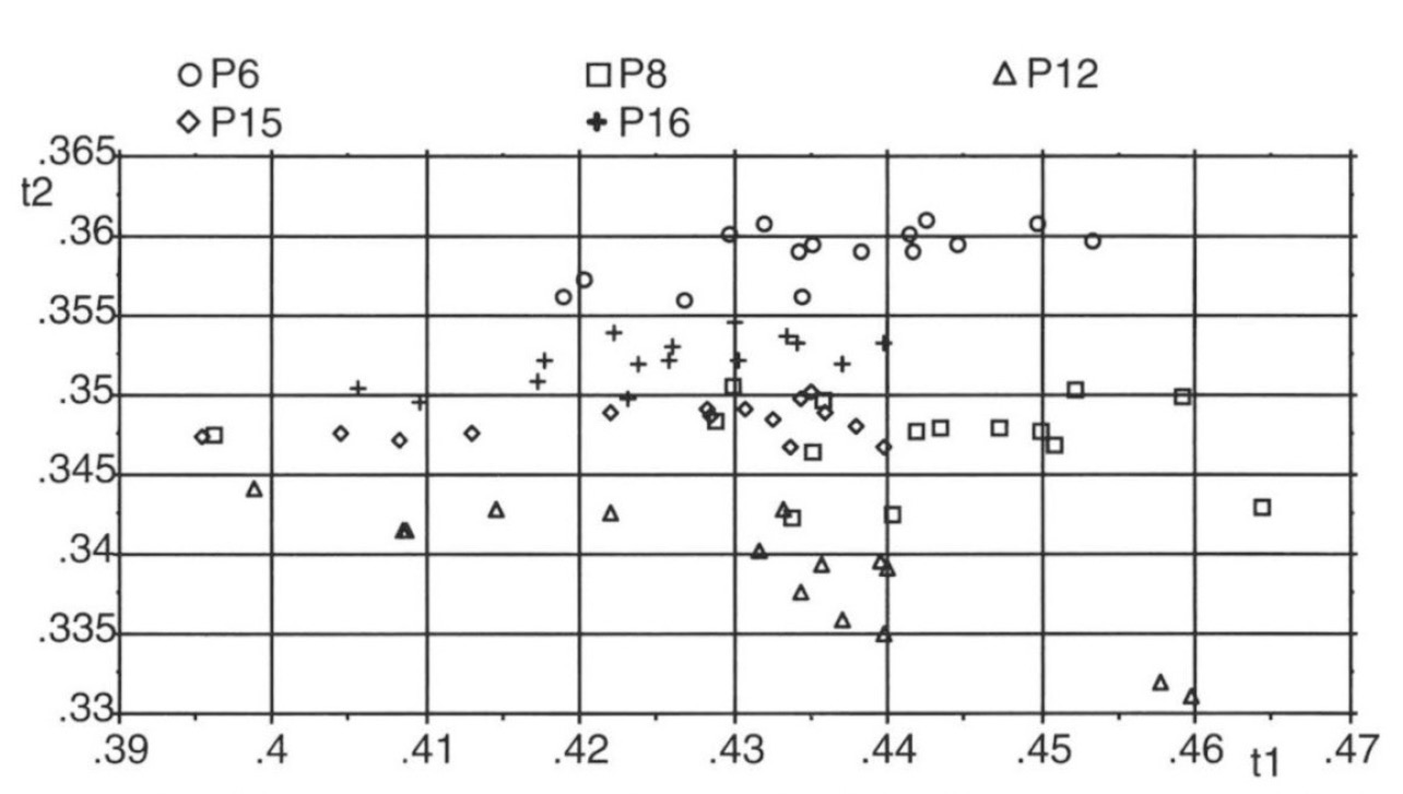 Fig. 14 – Grafico delle coordinate normalizzate ditristimolo t1 e t2 ricavate dai valori medi dei pixel contenuti nelle ROI in cui sono state suddivise le immagini ricavate dalle sezioni sottili di P6, P8, P12, P15 e P16.