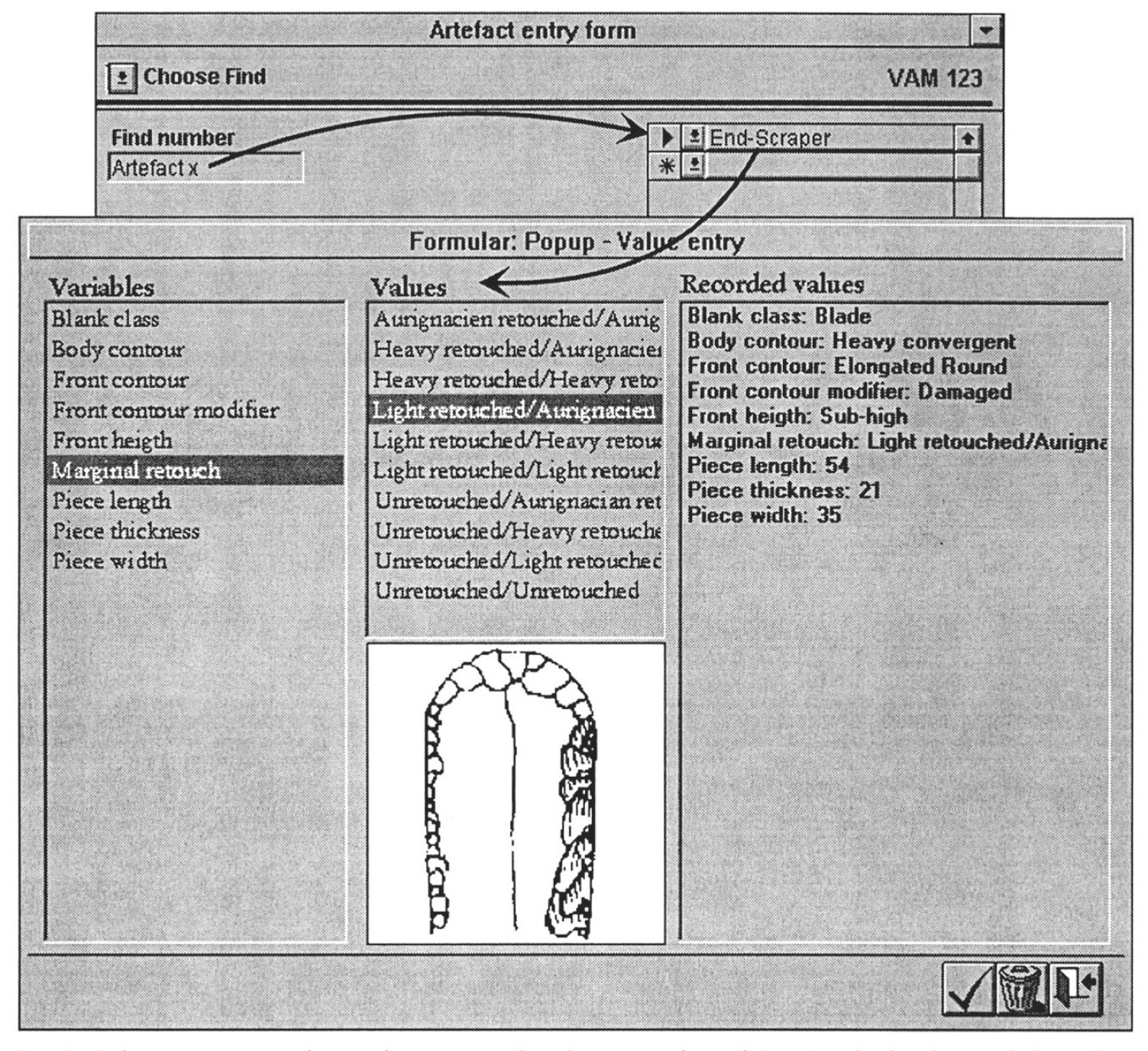 Fig. 4 – The IDEA entry forms for setting the class(es) of an object (at the back), and describing the object according to the chosen class (in front).