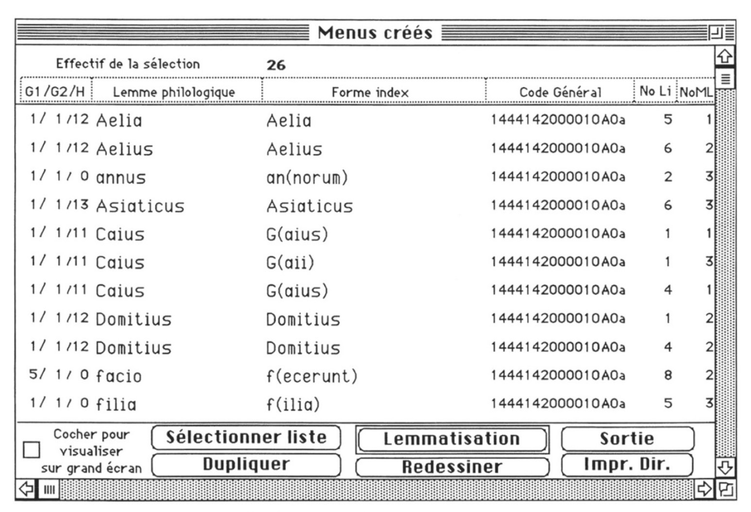 Fig. 5 – Exemple de saisie del’index, liste triée.