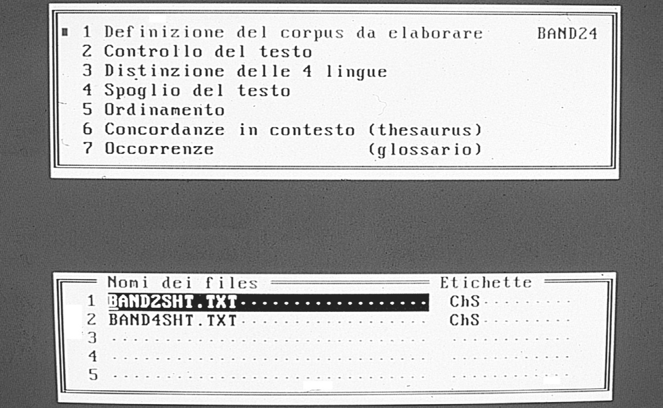 Fig. 5 – Programma GHISA. Menu delle funzioni e definizione dei testi da elaborare.