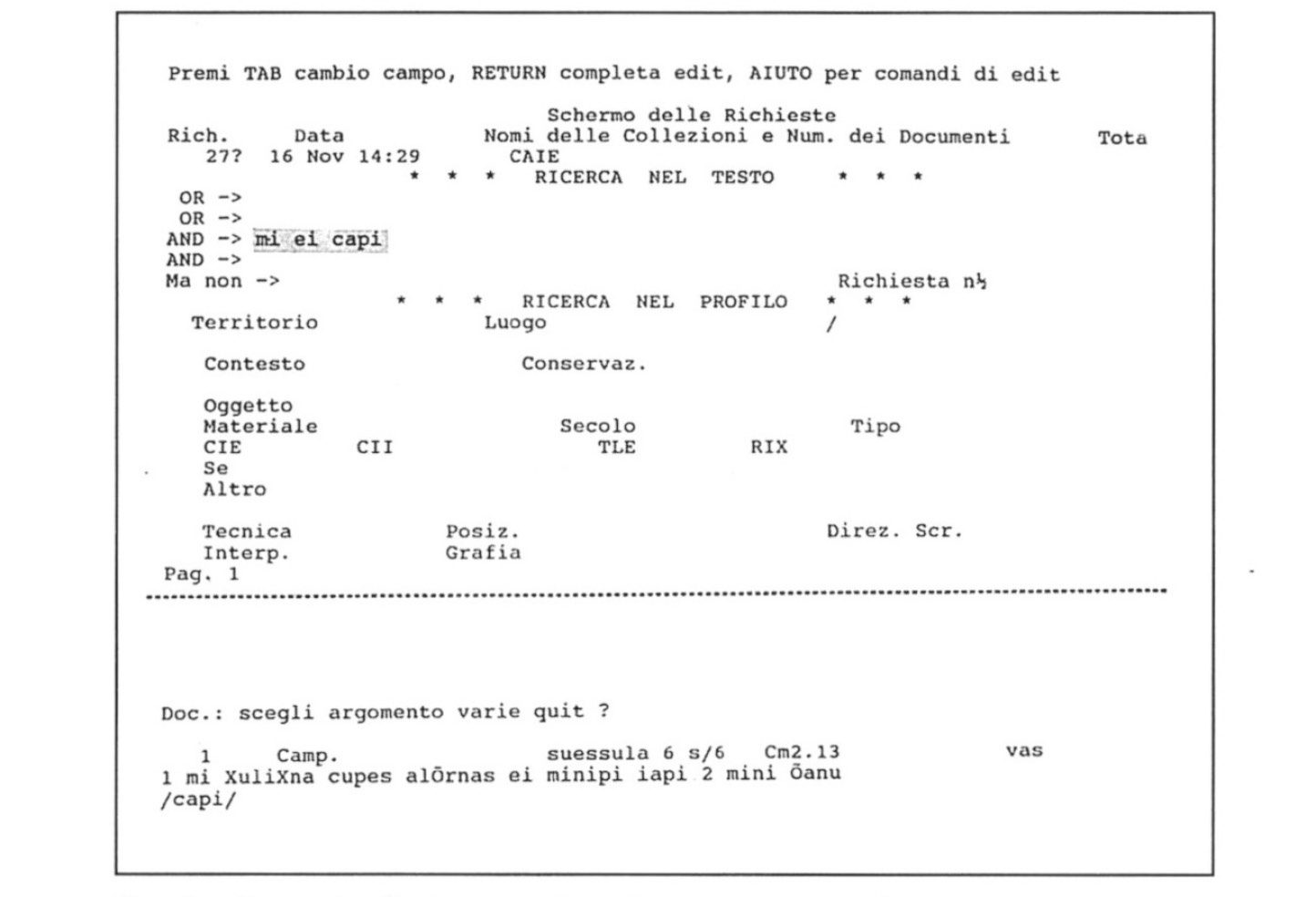 Fig. 3 – Esempio di ricerca nei testi e conseguente risposta.