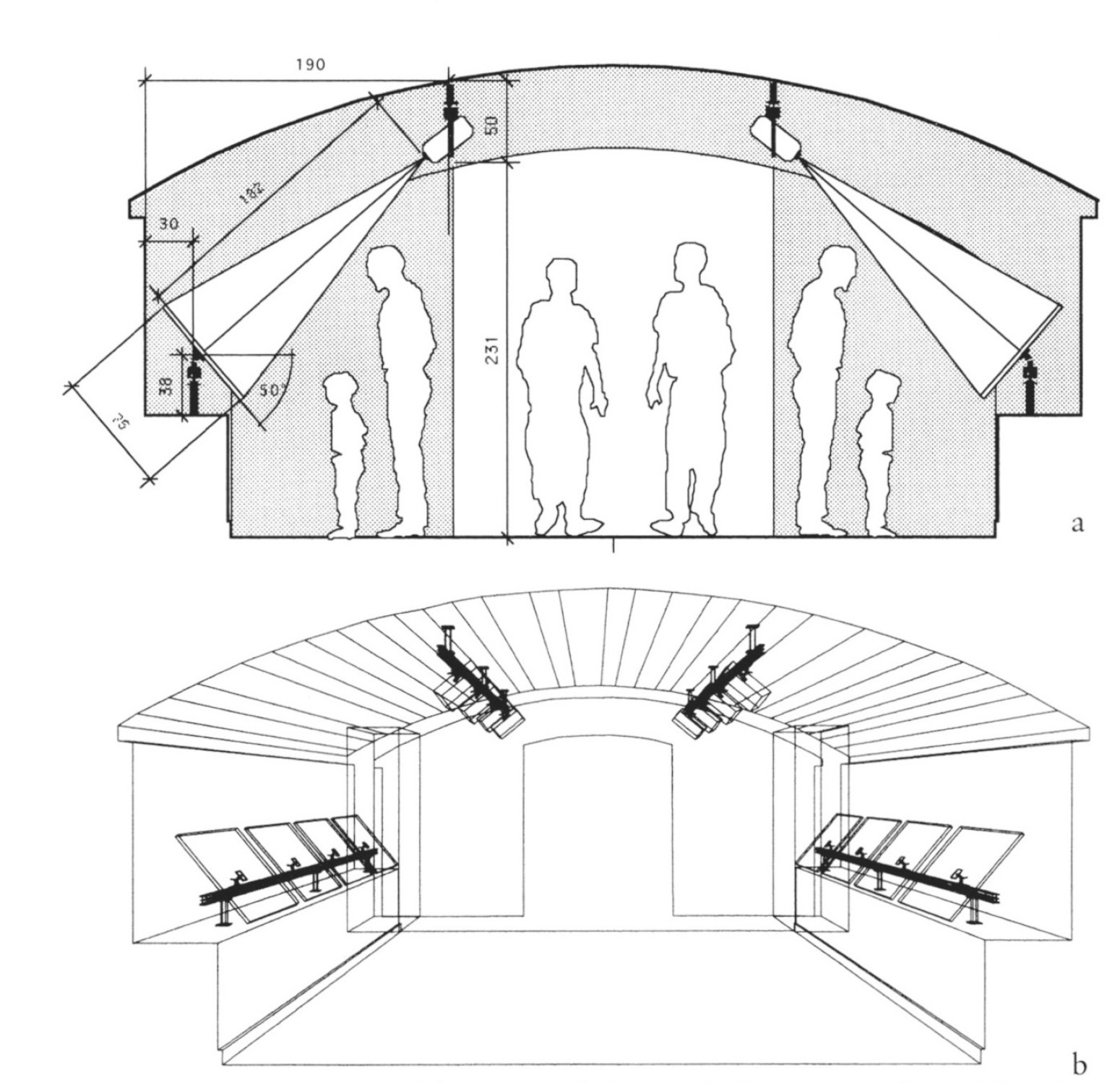 Fig. 2 – a) Progetto ergonomico del sistema multifunzionale di proiettori e leggii della saletta didattica. b) Progetto di allestimento della sala (progetto e realizzazione A. Gottarelli).