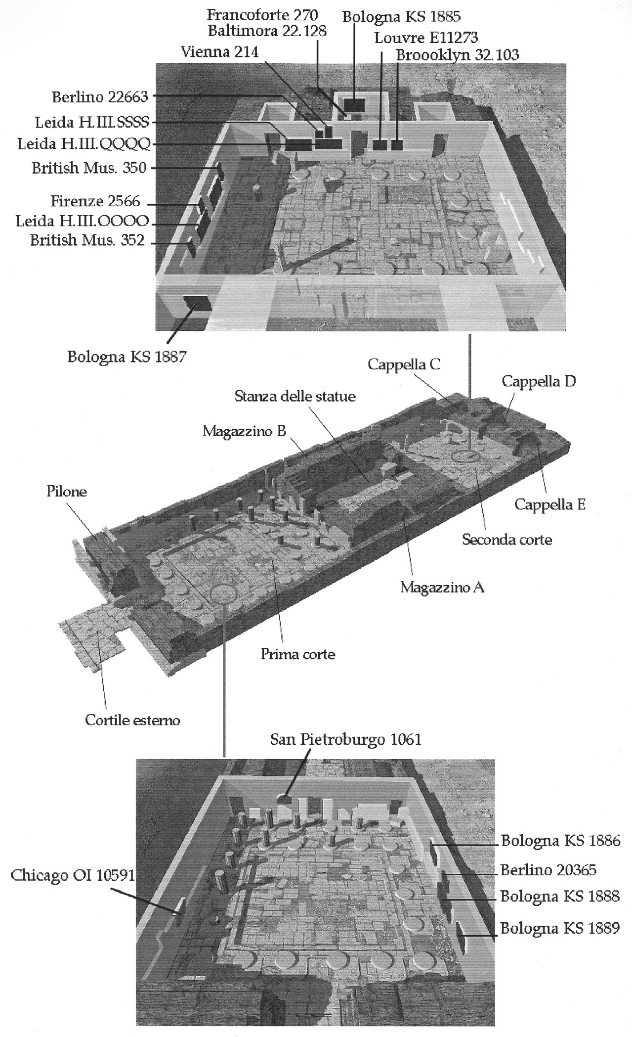 Fig. 3 – Al centro, modello di sintesi dello stato di fatto della tomba diHoremheb altermine dello scavo archeologico. Sopra esotto, viste della seconda e della prima corte conilquadro d’unione deirilievi parietali conservati neidiversi musei del mondo (Gottarelli1994).