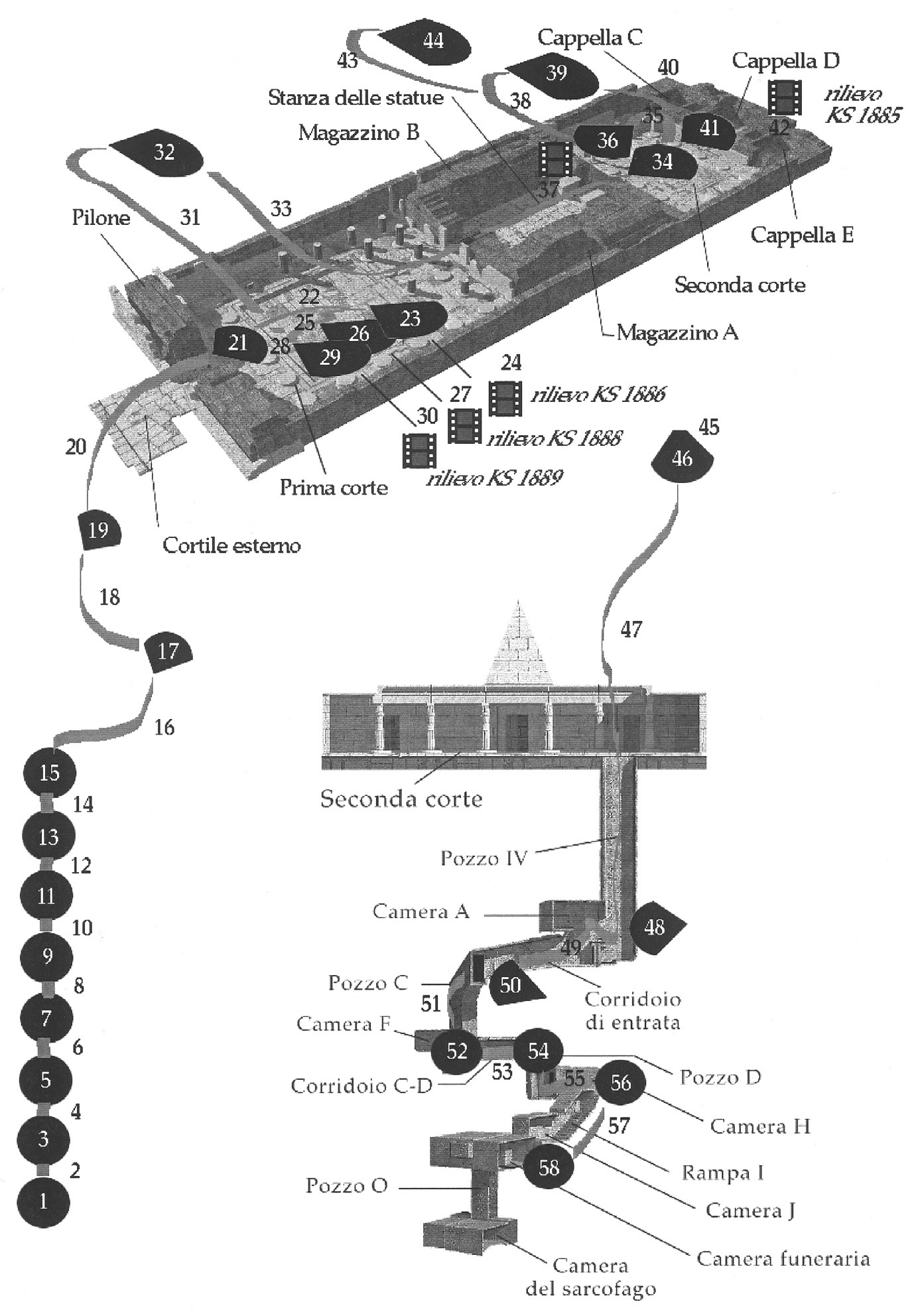 Fig. 4 – Attuale struttura sequenziale dei58moduli dianimazione della visita virtuale alla tomba di Horemheb. Icircoli numerati, in nero, indicano i punti di vista principali della telecamera virtuale: le traiettorie numerate, in grigio, indicano i movimenti della telecamera virtuale tra una postazione e l’altra. Ilsimbolo della pellicola indica imoduli di approfondimento sulcontenuto figurativo deirilievi parietali conservati al Museo Civico Archeologico di Bologna (Gottarelli1994).