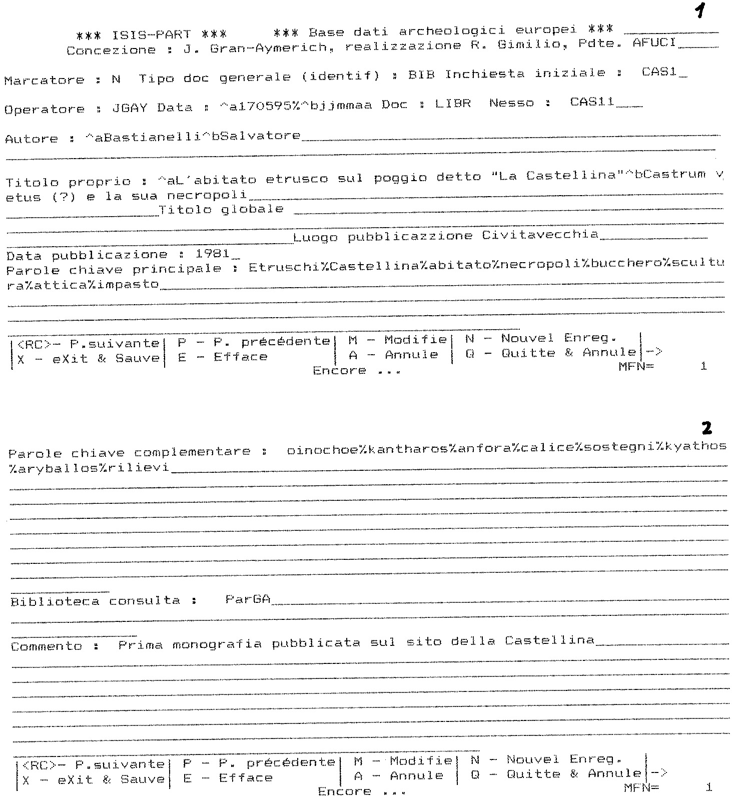 Fig. 4 – Fiche de la base PART, feuilles ou bordereaux 1 et 2, pour les dépouillements bibliographiques.