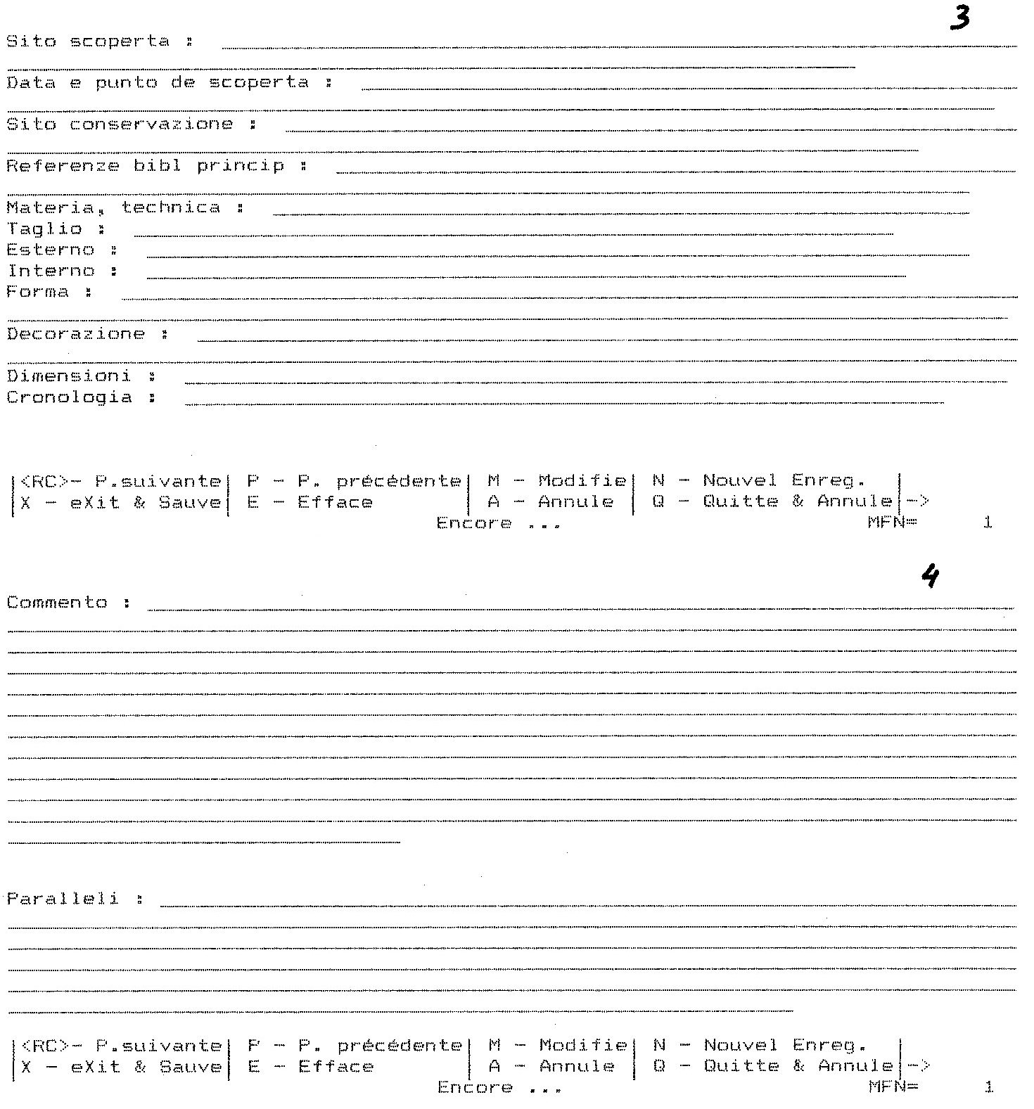 Fig. 5 – Fiche de la base PART, feuilles ou bordereaux 3 et 4, pour le dépouillement d’objets archéologiques.