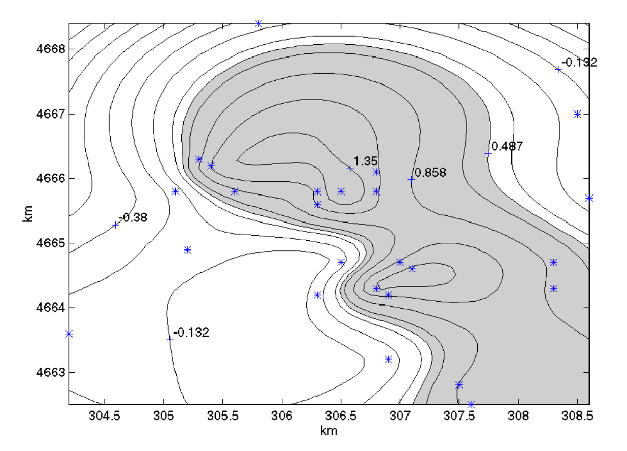 Fig. 7 – Rappresentazione della Li^(d) adisolinee di densità per la zona d’indagine.