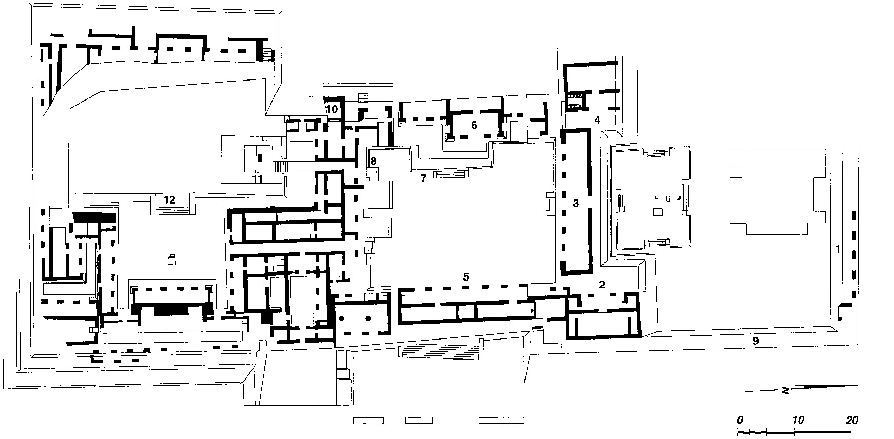 Fig. 2 – Ground plane. 1 North side portico; 2 Portico A; 3 Portico B; 4 Portico C; 5 Portico D; 6 Portico E; 7 Pyramidal platform; 8 Buried columns; 9 Peripheral wall; 10 “Hollowed Wall”; 11 “Red Temple”; 12 South pyramid.