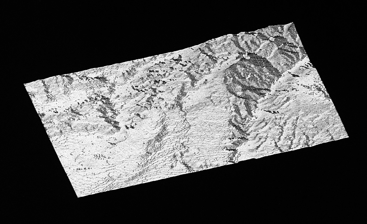 Fig. 1 - DTM della valle del Belice elaborato utilizzando algoritmi di tipo aspect e slope impiegati per visualizzare al meglio il microrilievo.