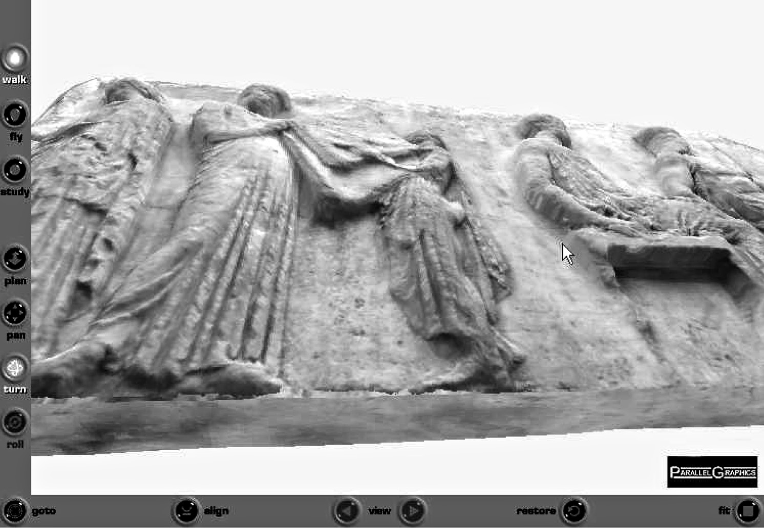 Fig. 2 – Screenshot of a VRAC-S-01-04_Dallas-ML model of the centrepiece of the Parthenon frieze from below, approximating the view of an ancient visitor, Parthenon sculpture gallery, University of Southern California (Yun 2003).