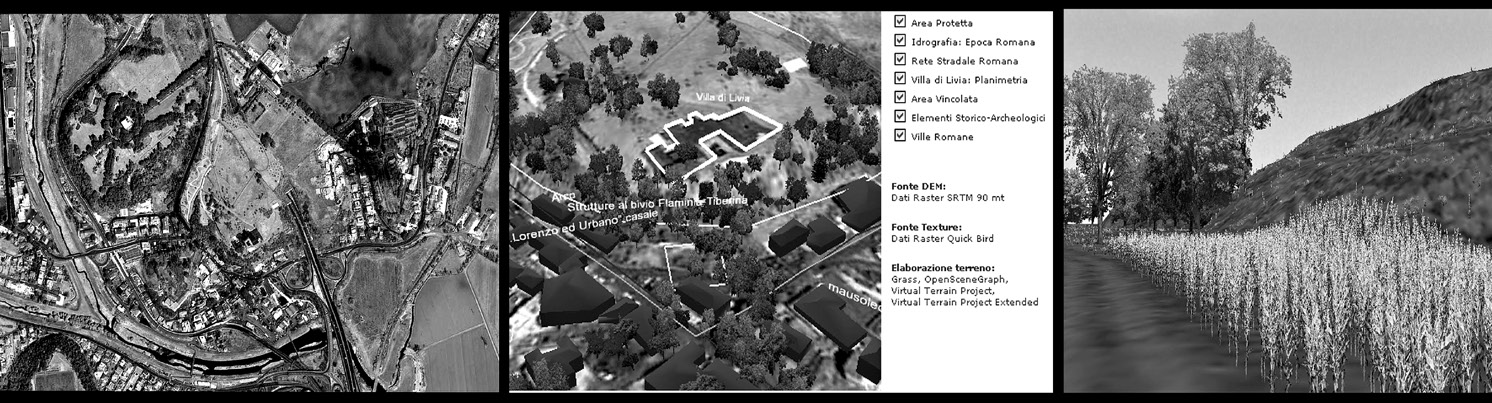 Fig. 1 – The archaeological landscape of Livia’s Villa, via Flaminia Rome (left); an interactive interpretative map of the ancient landscape (webGIS, center) and a reconstructed hypothesis (right).