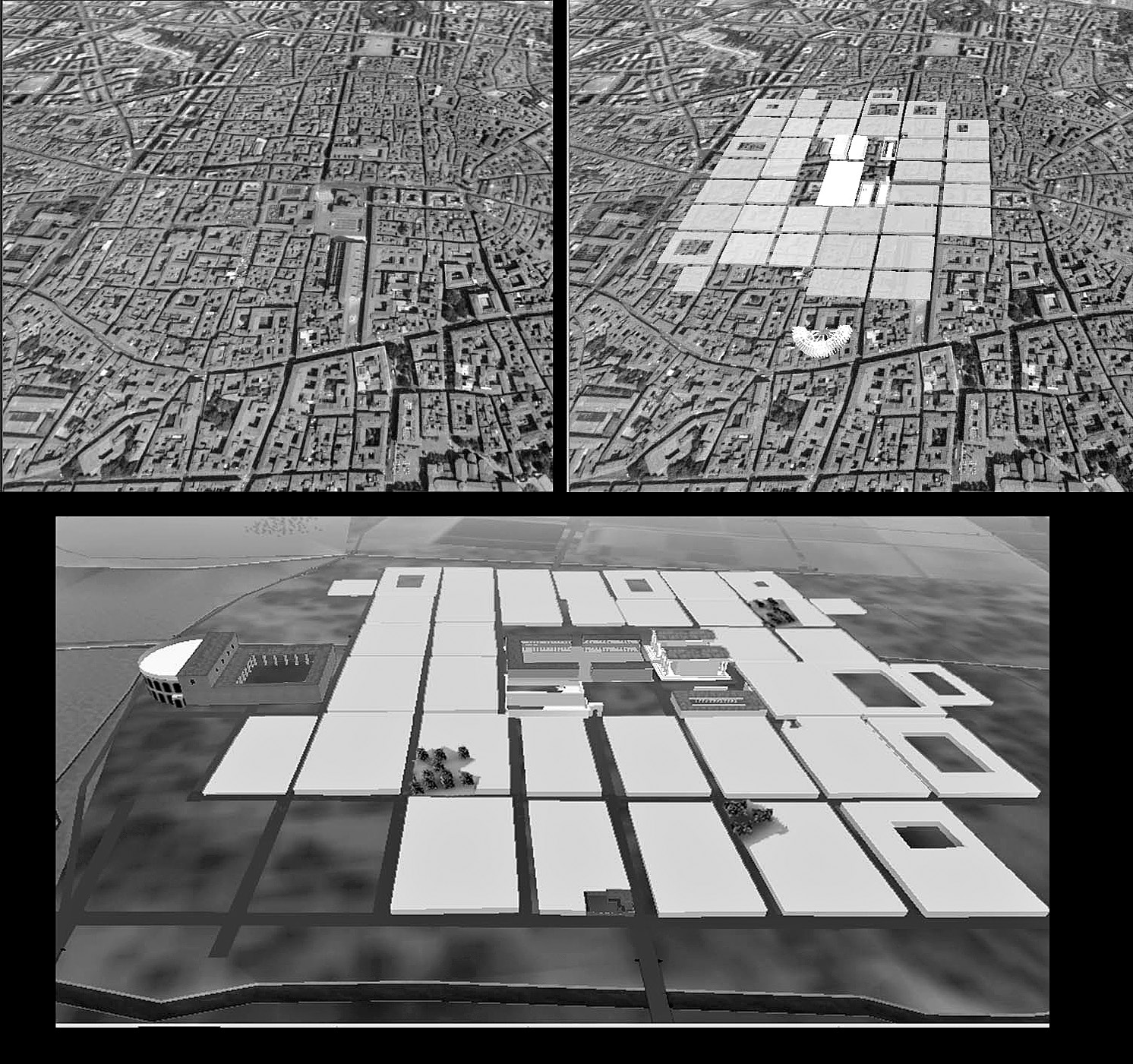 Fig. 3 – The territory of the city of Bologna. In an urban context it is often very difficult to perceive any trace of the archaeological past (left). Interpretative maps are helpful for the reconstruction of a landscape (center), but also as tools available in a communicative VR system (right) (Pescarin 2001).