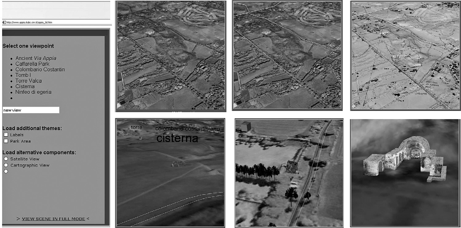 Fig. 4 – Appia Archaeological Park VR webGIS application (www.appia.itabc.cnr.it). Through the menu the visitor can deconstruct the landscape analyzing different components and source data (satellite images, cartographic maps, vector layers, 3D models, vegetation, etc.) (Pescarin et al. 2005).