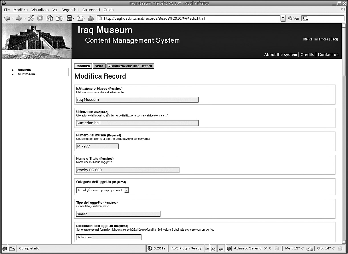 Fig. 1 – Iraq Museum Content Management System: detail of the screenshot, “Edit Record”.