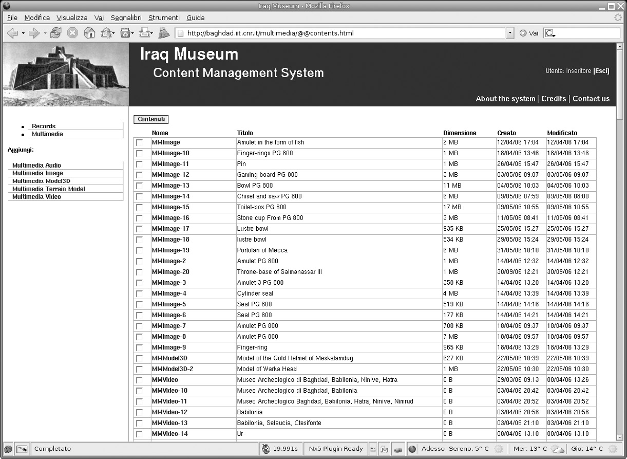 Fig. 2 – Iraq Museum Content Management System: screenshot, detail of the multimedia object’s list.