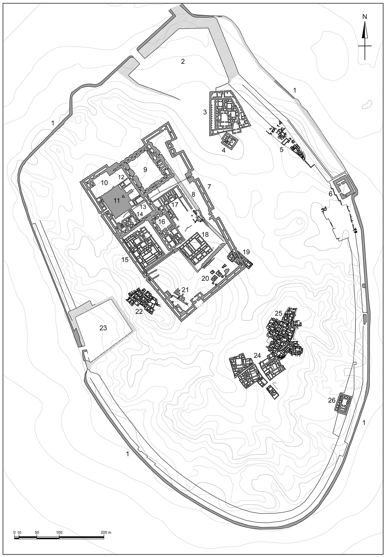 Fig. 7 – General plan of the city (drawn up by F. Ghio): 1, CityWall; 2, North Harbour; 3, Palace of Ennigaldi-Nanna; 4, HarbourTemple; 5, Houses on CityWall; 6, Kassite Fort; 7, Enclosure of the Sacred Area in the neo-Babylonian period; 8, Enclosure of the Sacred Area during the 3rd Dynasty; 9, Nanna Court; 10, Etemenniguru; 11, Ziggurat; 12, NannaTemple; 13, Boat Shrine; 14, NingalTemple; 15, Giparku; 16 Edublamakh; 17, Ganunmakh; 18, Ekhursag; 19, Mausolea of the 3rd Dynasty; 20, Royal Graves; 21, NimintabbaTemple; 22, Houses (EM District); 23,West Harbour; 24, Houses (AH District); 25, Neo-Babylonian Houses; 26, EnkiTemple.