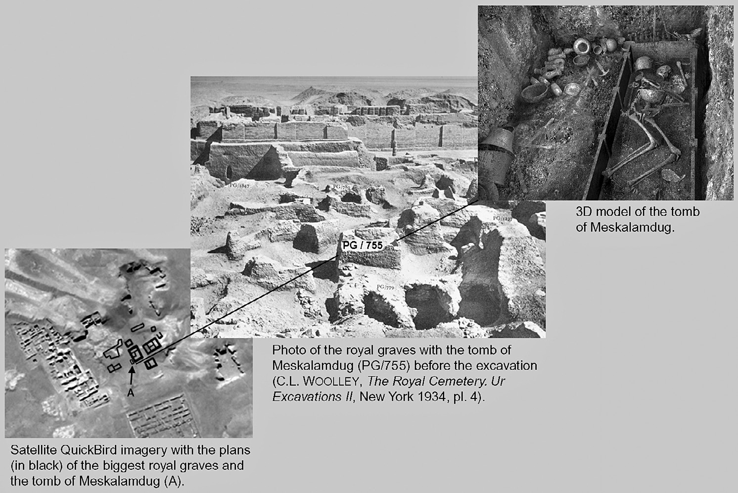 Fig. 12 – Virtual visit: from the current situation to the moment of the discovery (photo of the excavation by Woolley) and the reconstruction of the context.